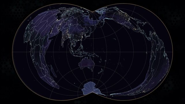 Rectangular Polyconic world map animation. Earth rotates, showing amber graticule, glowing borders, city night lights, hexagonal background. Seamless loop. 4K resolution. Night view.