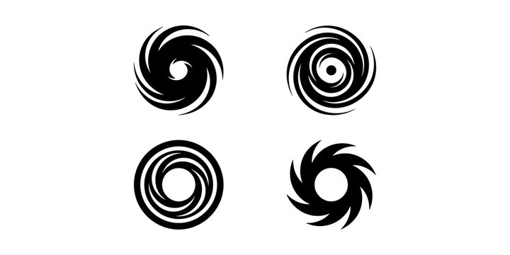 Four distinct spiral vortex icon designs set featuring black swirling motion patterns for use in graphic design elements and branding.