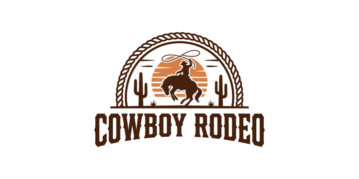 Brown and orange cowboy rodeo logo with a riding cowboy and desert cacti, ideal for western events branding.