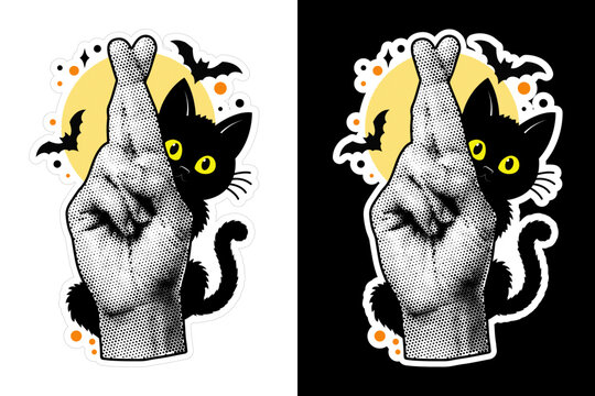 Retro Halftone Crossed Fingers Hand Sign with Cute Black Cat, Full Moon and Bats Vector Illustration for Halloween