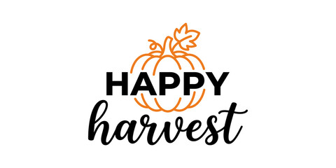 Happy harvest typography design with orange outline pumpkin icon for autumn seasonal event decoration or thanksgiving holiday marketing. © Png World Collection