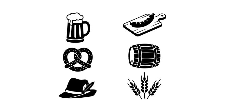 Oktoberfest festival black silhouette icon set including beer mug pretzel sausage and alpine hat for bavarian cultural event branding.