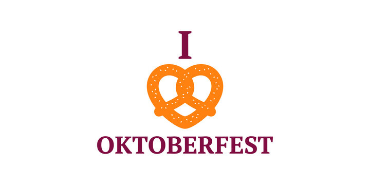 I love oktoberfest text design with heart shaped pretzel icon in orange and purple for bavarian beer festival merchandise and apparel.