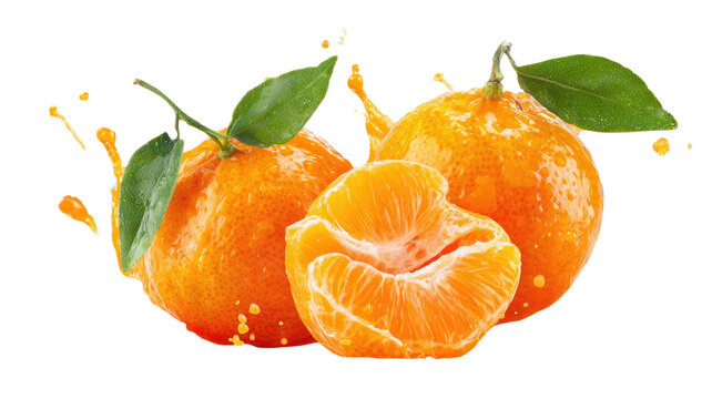 Fresh ripe mandarin oranges with green leaves and juice splash drops isolated on white background