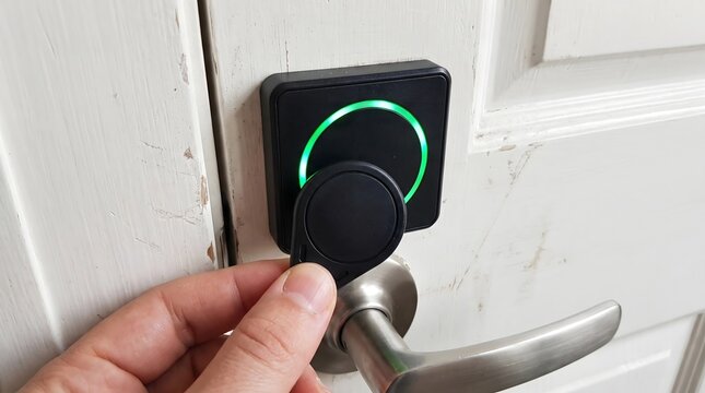Contactless rfid key fob unlocking smart door with green light indicator.