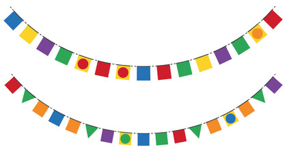 Fototapeta premium Festive bunting banner flags hanging on curved lines decorated with colorful geometric shapes for celebration and parties.