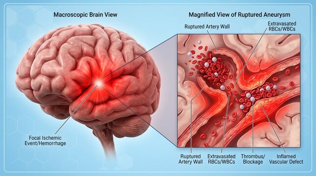 Medical illustration of a ruptured brain aneurysm and hemorrhage