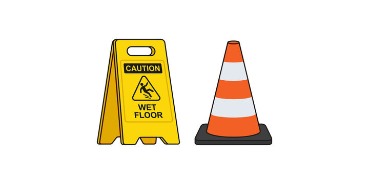 Yellow caution wet floor sign and orange traffic cone serve as safety markers to prevent accidents in public or industrial workplaces.