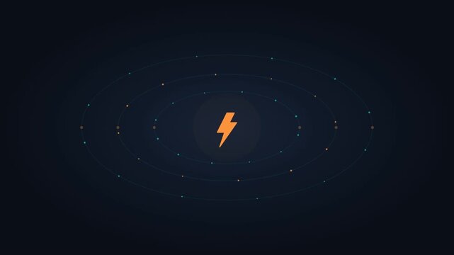 Orange lightning bolt icon with orbiting circles on dark background