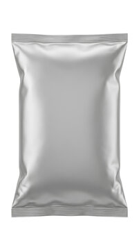Silver metallic snack bag mockup, blank foil food pouch for chips or nuts, matte aluminum packaging on white background