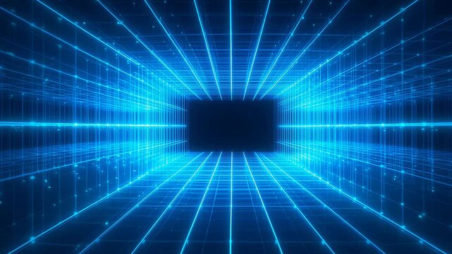 Glowing blue grid lines forming a perspective tunnel into darkness