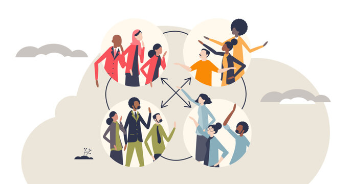 Cross-functional collaboration visualized, diverse teams in linked circles exchange ideas, key objects, people groups, arrows, circles, transparent background