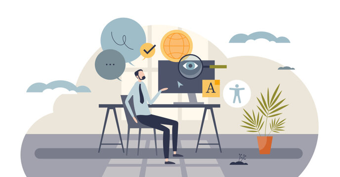 Web accessibility Tiny illustrated, a designer reviews a monitor with magnifying glass and accessibility icon, conveying inclusive UX and readable content, transparent background
