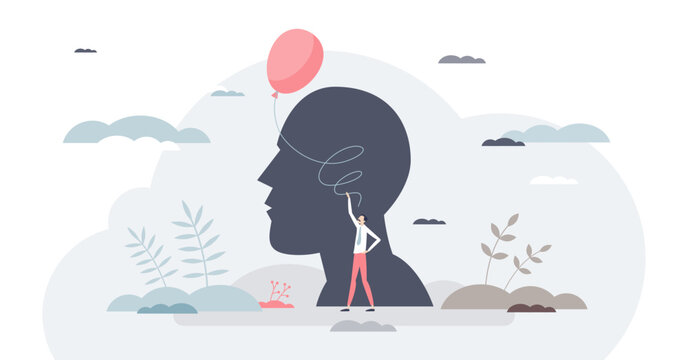 Inner child concept, a small figure releases a balloon from a head silhouette, symbolizing play, memory, and healing, transparent background. Objects, head, balloon, figure
