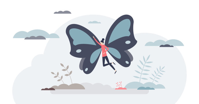 Inner child transformation, tiny girl with butterfly wings flying in clouds, symbolizing healing, play, and growth, key objects, wings, girl, clouds, transparent background