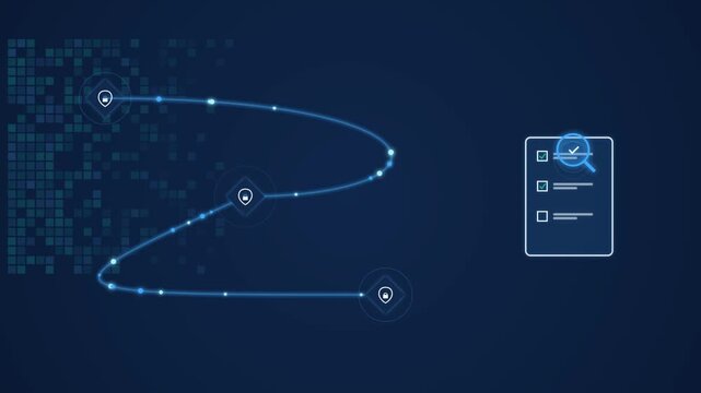 Digital logistics tracking animation, blue supply chain route map with icons, global shipping and delivery process motion graphic