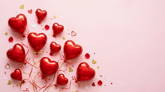 Red heart shaped balloons arranged in corner of pink background for valentine's day.
