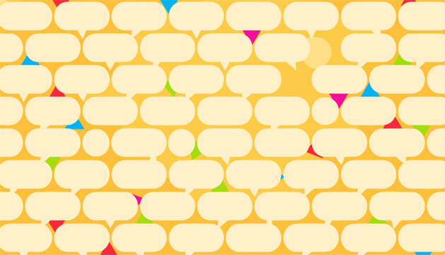 Vibrant seamless pattern featuring cream colored speech bubbles on a yellow background with colorful geometric triangles.