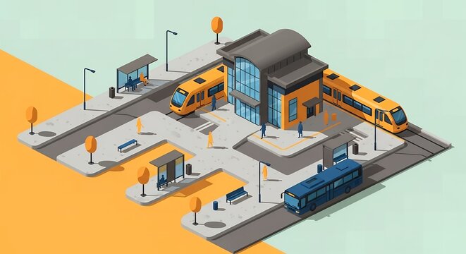 Isometric view of a public transportation bus station with yellow and blue buses and waiting passengers in an urban setting