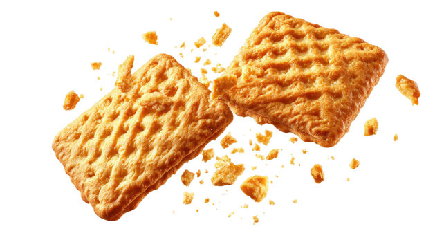 Crispy square waffle biscuit cookies breaking into flying pieces with floating crumbs isolated on white background