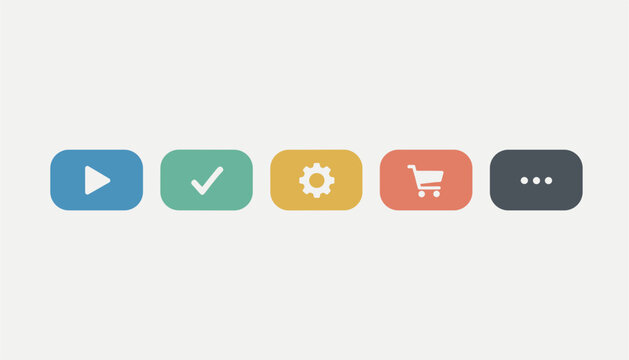 Colorful menu buttons with play, checkmark, gear, shopping cart, and ellipsis icons for website or application interface.
