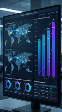 Digital screen displaying global data traffic and revenue growth with charts and world map, symbolizing business analytics and performance tracking
