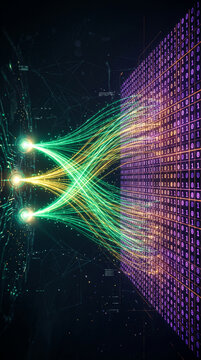 Abstract visualization of data streams converging into a digital matrix, symbolizing information flow and computation, ideal for tech concepts.