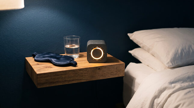 Modern bedside table with alarm clock, sleep mask, and glass of water on a dark blue wall