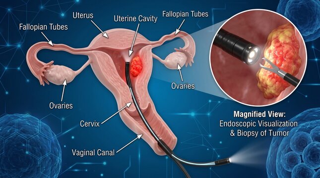 Medical illustration of uterine tumor biopsy via endoscopy