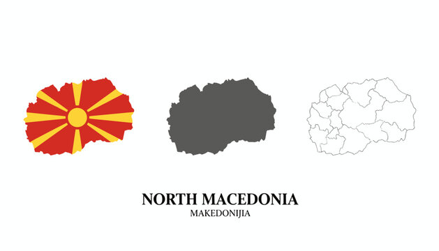 North Macedonia maps collection featuring national flag pattern, dark silhouette, and regional borders outline designs.