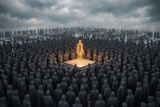 Glowing golden human figure standing out on pedestal among huge crowd of grey hooded figures under dramatic sky, individuality and leadership concept