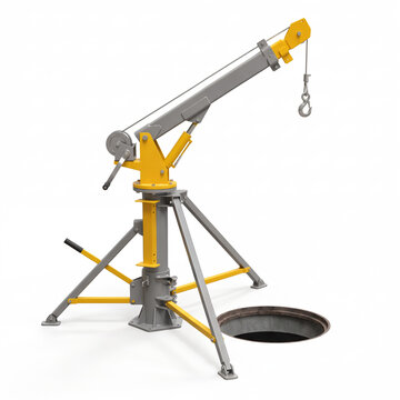 Generic steel swiveling davit arm hoist system for manhole entry isolated on white.