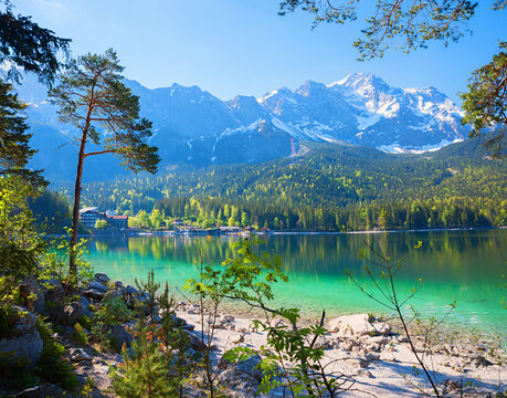 Shady shore of lake Eibsee with trees and a view of the boathouses and Wetterstein alps.