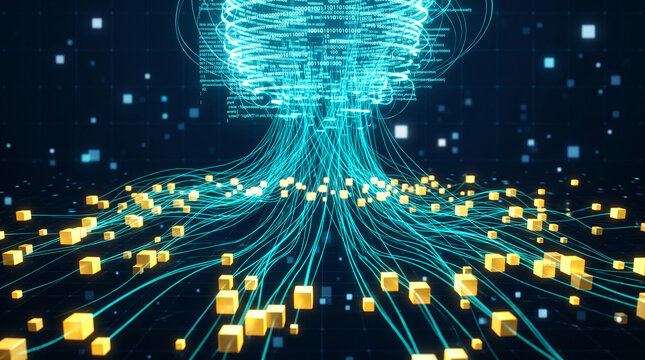 Abstract digital network visualization with glowing blue lines and yellow cubes, representing data flow and connections, symbolizing technology and information.