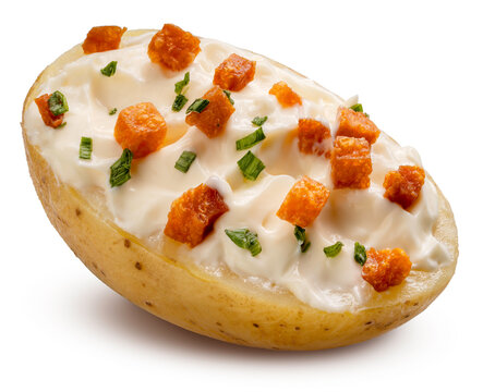 Baked Potatoes with cashew sour cream, tempeh bacon isolated on white background, Roast Potatoes isolated on white background with clipping path.