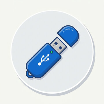 A blue USB flash drive with its cap removed on a round icon background