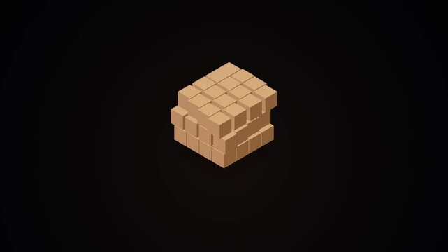 Isometric 3D wooden blocks shifting into a cube on black background