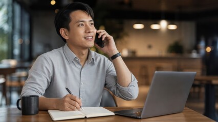 Fototapeta premium Smiling businessman on phone call taking notes with laptop in modern cafe