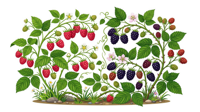 Botanical raspberry and blackberry bushes illustration. Ripe red and black berries on green vines. Garden fruit plants on white background.