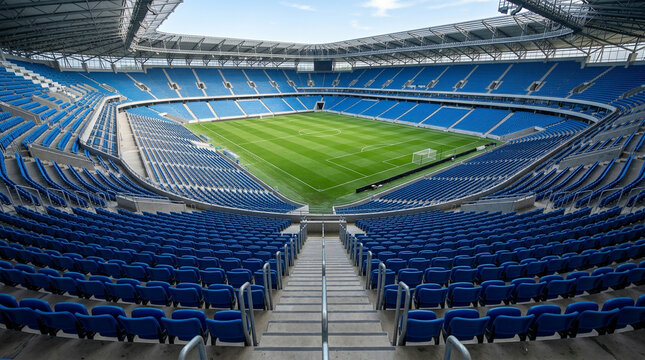 Empty professional soccer arena with blue seats and green grass pitch viewed from the upper grandstand.