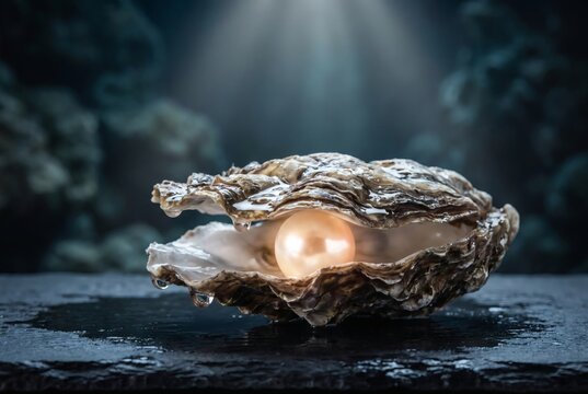 Open oyster shell with glowing pink pearl inside on dark underwater background with light ray, luxury jewelry and hidden treasure concept