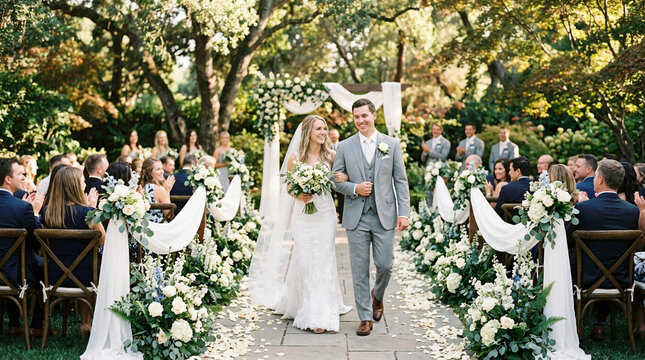 Newlywed couple walking down floral aisle at outdoor garden wedding ceremony while guests applaud and cheer.