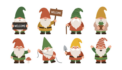 Fototapeta premium Cute garden gnomes cartoon characters set holding welcome signs gardening shovel and plant pot vector illustration