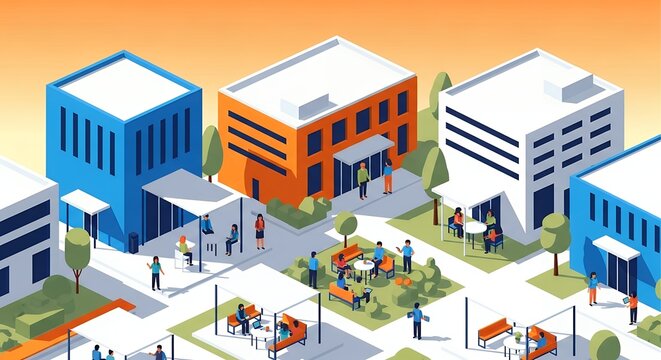 Modern urban business district illustration featuring contemporary office buildings outdoor cafe seating and city life scene with people walking in a vibrant environment