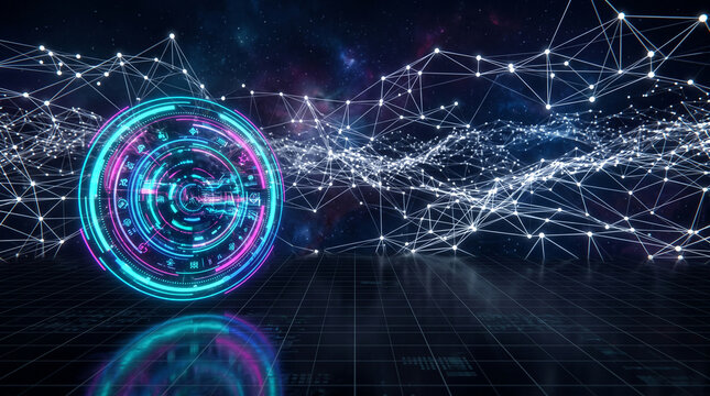 Futuristic holographic interface on a cosmic network background, symbolizing technology, data, and global connection. Free space for text.