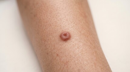 Fototapeta premium Macro close up of raised circular flesh colored skin lesion and dermatofibroma on human limb