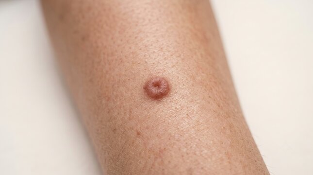 Macro close up of raised circular flesh colored skin lesion and dermatofibroma on human limb