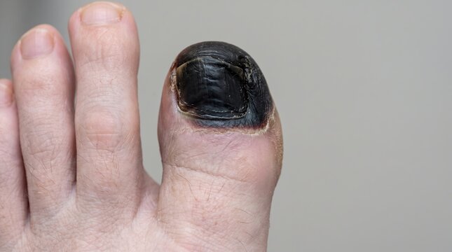Macro shot of severe diabetic gangrene and necrotic tissue discoloration on human big toe