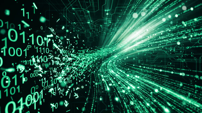 Digital stream of binary code and circuit board patterns, representing data flow and technological advancement, perfect for tech or science concepts.