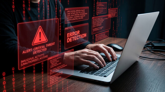Digital alert with red binary code and error messages on screen, symbolizing cyber threat detection and system breach, indicating security issue